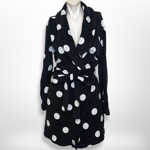 PINK Victoria’s Secret Black/White Polka Dot Plush Fleece Belted Mini Robe M/L - Picture 2 of 7